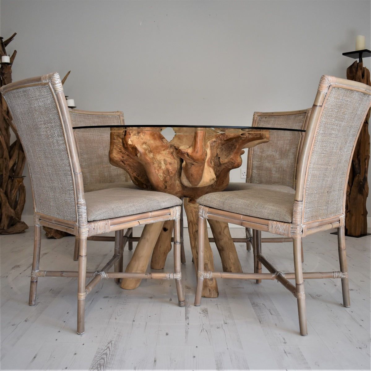 Teak root dining table and chairs